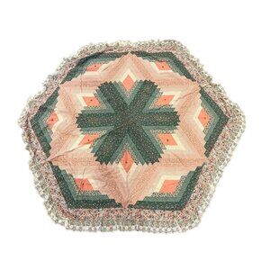 Vintage Quilted Tablecloth 65" x 72" Lace Trim Double Sided Tea Flower Floral